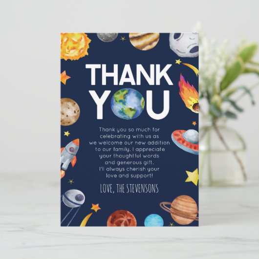 Ruimteschip Planets Baby shower Bedankkaart (Staand voorkant)