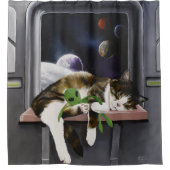 Ruimteschip Tabby Kat Groene Alien Knuffel Sci-Fi Douchegordijn (Voorkant)