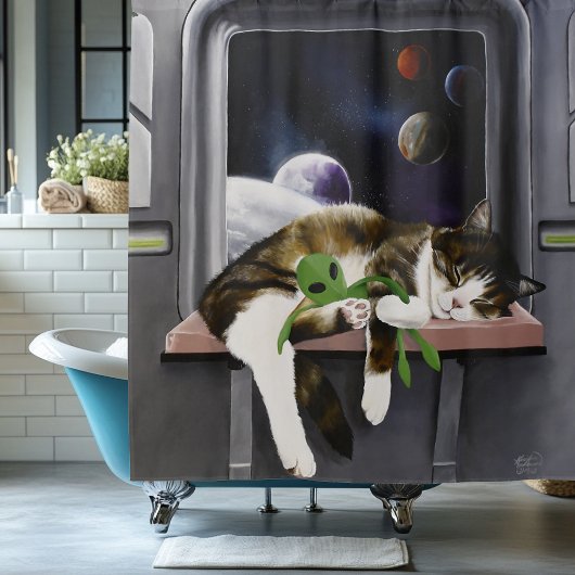 Ruimteschip Tabby Kat Groene Alien Knuffel Sci-Fi Douchegordijn