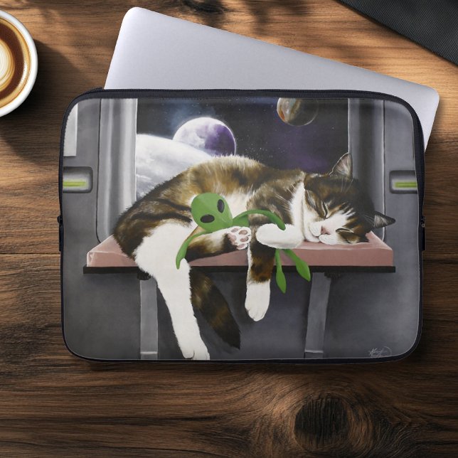 Ruimteschip Tabby Kat Groene Alien Knuffel Sci-Fi Laptop Sleeve (Creator heeft geüpload)