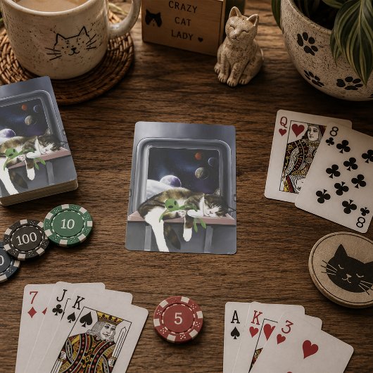 Ruimteschip Tabby Kat Groene Alien Knuffel Sci-Fi Pokerkaarten