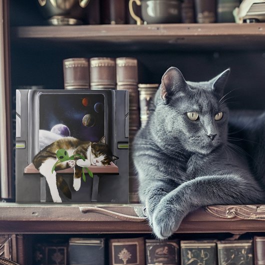 Ruimteschip Tabby Kat Groene Alien Knuffel Sci-Fi Tegeltje