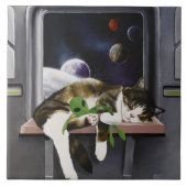 Ruimteschip Tabby Kat Groene Alien Knuffel Sci-Fi Tegeltje (Voorkant)