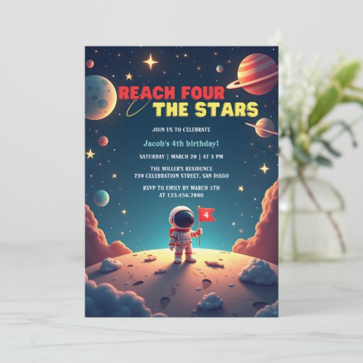 Ruimtesterren Astronaut Boy 4e verjaardag Kaart (Staand voorkant)