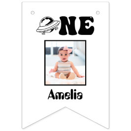 Ruimtethema 1e verjaardag 12 maanden foto-banner vlaggetjes