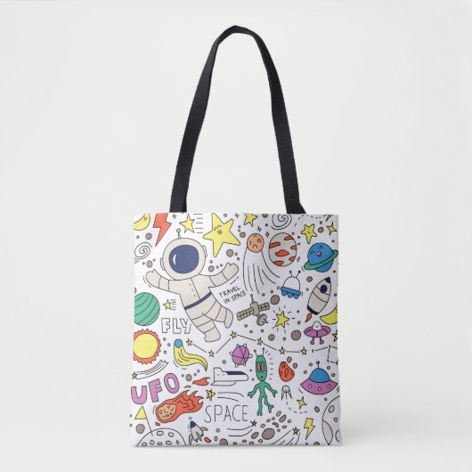 Ruimtethema in illustratie doedelstijl tote bag (Voorkant)