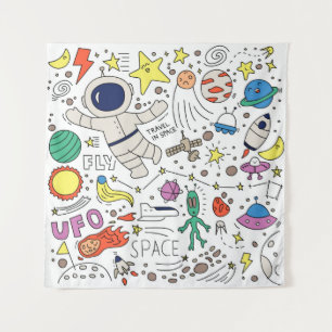 Ruimtethema in illustratie doedelstijl wandkleed