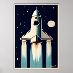 Ruimtetijdperk Retro 50s Raket Schip Poster