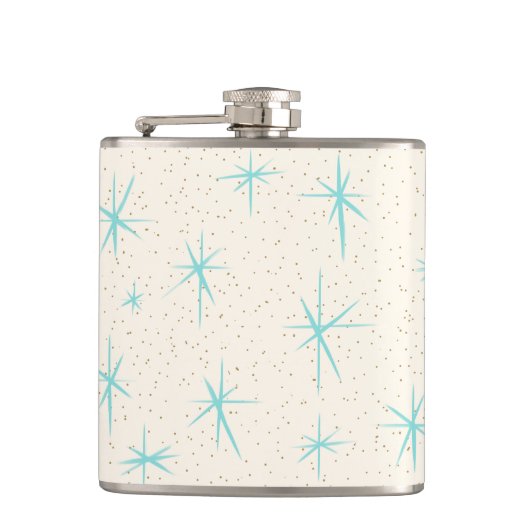 Ruimtetijdperk Turquoise Starbursts Verpakte kolf Heupfles (Voorkant)