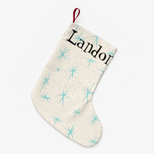Ruimtetijdperk Turquoise Starbursts X-Mas Stocking Kleine Kerstsok (Voorkant (Hangend))
