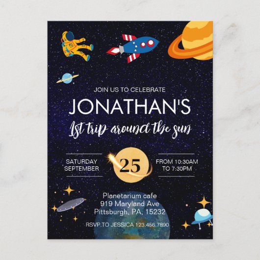 Ruimtevaarder 1e verjaardagsfeestje in de ruimte briefkaart (Voorkant)