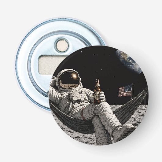 Ruimtevaarder die bier drinkt op de maan button flesopener (Voorkant)