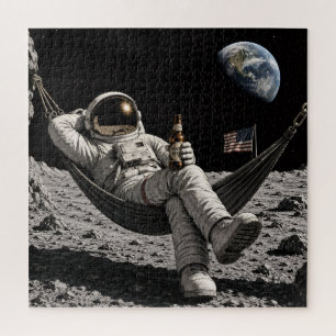 Ruimtevaarder die ontspant met bier op de maan legpuzzel
