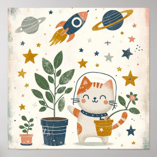 Ruimtevaarder kat Astronaut Kinderkamer Muurkunst Poster