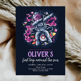 Ruimtevaarder op een raket met sterren en planeten kaart