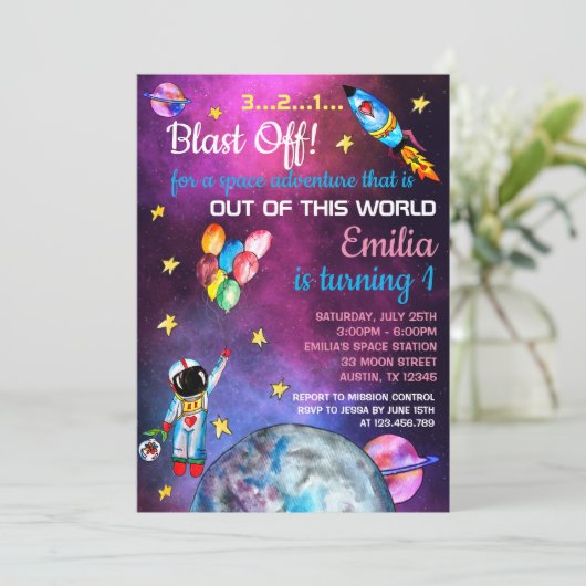 Ruimtevaarder Rainbow Balloons Rocket Moon Kaart (Staand voorkant)