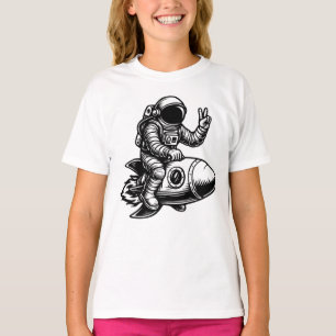 Ruimtevaarder rijdend op raket t-shirt