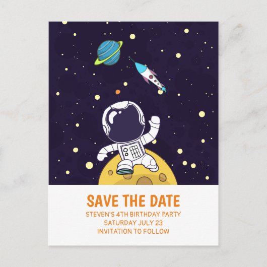 Ruimtevaarder verkent de ruimte Save the Date Briefkaart (Voorkant)