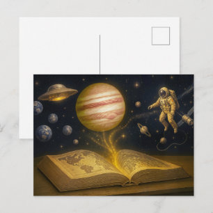 Ruimtevaarder zweeft uit een kosmisch sprookjesboe feestdagenkaart