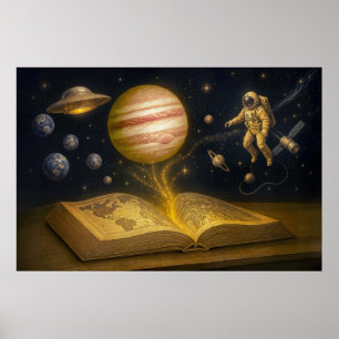 Ruimtevaarder zweeft uit het kosmische sprookjesbo poster