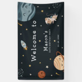 Ruimtevaart Avontuur Speelse Kinderen Verjaardagsf Spandoek (Verticaal)