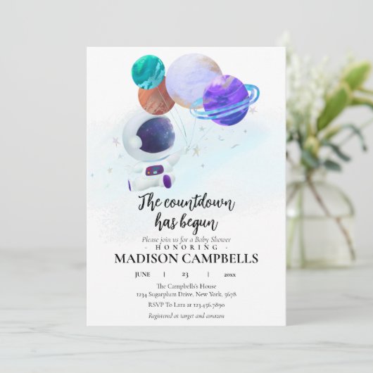 Ruimtevaart Baby shower Uitnodiging Galaxy Buitenr (Staand voorkant)