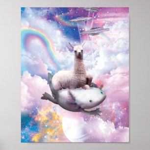 Ruimtevaart Llama Riding Axolotl - Regenboog Poster