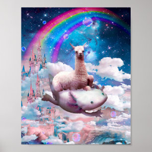 Ruimtevaart Llama Riding Axolotl - Regenboog Poster