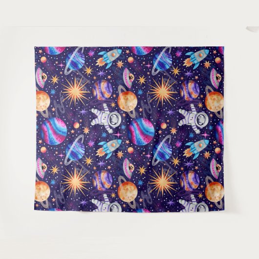 Ruimtevaart met astronaut, raketschip en planeten wandkleed (Voorkant (horizontaal))