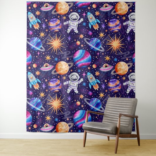 Ruimtevaart met astronaut, raketschip en planeten wandkleed (In situ)