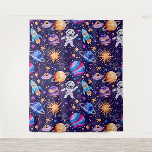 Ruimtevaart met astronaut, raketschip en planeten wandkleed (Voorkant)