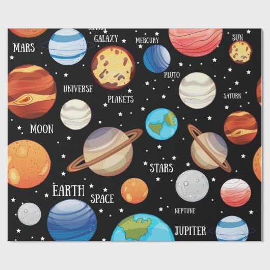 Ruimtevaart, planeten, eenzijdig getrokken thema cadeaupapier (Vlak)