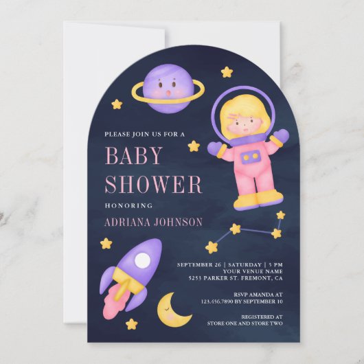 Ruimtevaart Roze Meisje Astronaut Navy Arch Baby s Kaart (Voorkant)