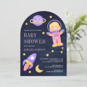 Ruimtevaart Roze Meisje Astronaut Navy Arch Baby s Kaart (Staand voorkant)