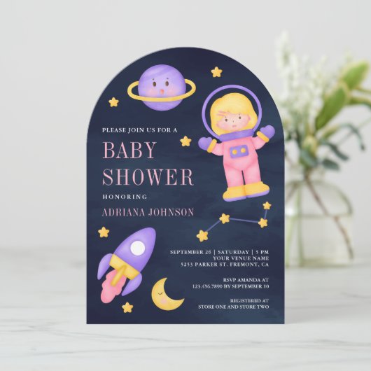 Ruimtevaart Roze Meisje Astronaut Navy Arch Baby s Kaart (Staand voorkant)