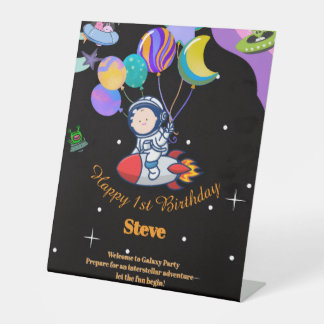 Ruimtevaart Verjaardagsfeest Thema Reclamebord Met Voetstuk