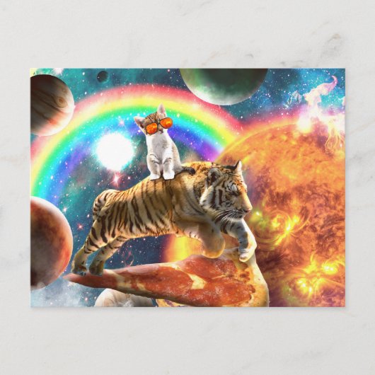 Ruimtevaartgalaxy Cat Riding Tiger op Pizza Briefkaart (Voorkant)