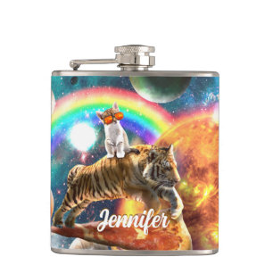 Ruimtevaartgalaxy Cat Riding Tiger op Pizza Heupfles
