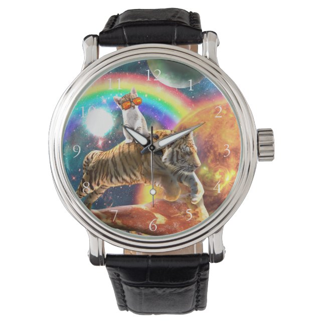 Ruimtevaartgalaxy Cat Riding Tiger op Pizza Horloge (Voorkant)