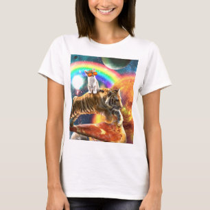 Ruimtevaartgalaxy Cat Riding Tiger op Pizza T-shirt