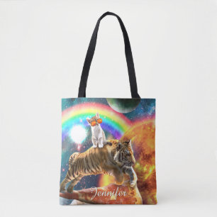 Ruimtevaartgalaxy Cat Riding Tiger op Pizza Tote Bag