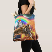 Ruimtevaartgalaxy Cat Riding Tiger op Pizza Tote Bag (Dichtbij)