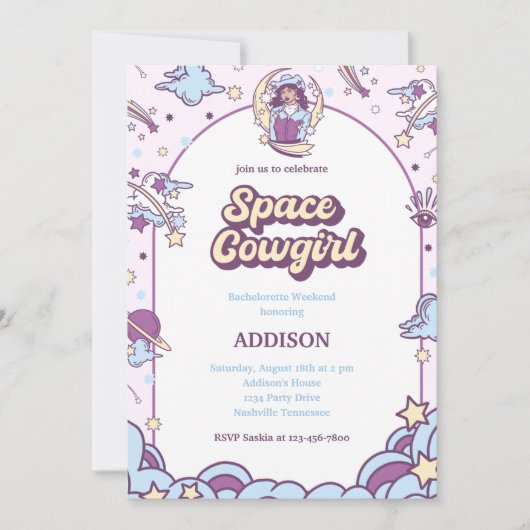 Ruimtevaartmeisje Bachelorette-uitnodiging met Dee Kaart (Voorkant)