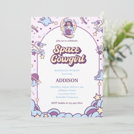 Ruimtevaartmeisje Bachelorette-uitnodiging met Dee Kaart (Staand voorkant)