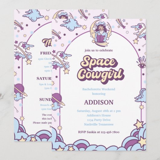Ruimtevaartmeisje Bachelorette-uitnodiging met Dee Kaart (Voorkant / Achterkant)