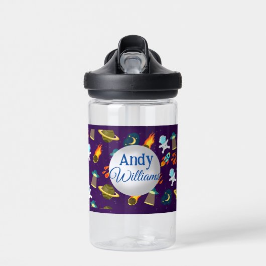 Ruimtevaartplaneet Raketteschip Cartoon Patroon Waterfles (Voorkant)