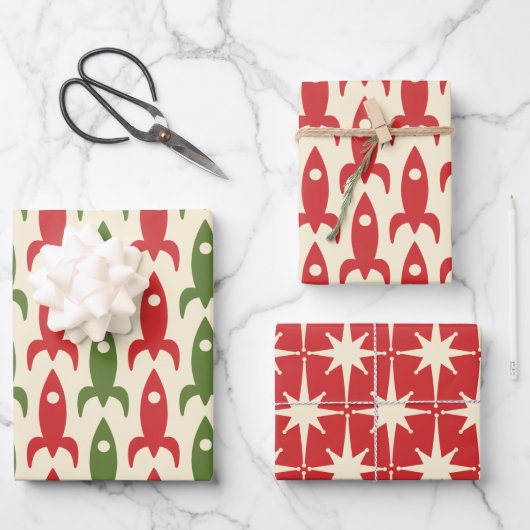 Ruimtevaarttijdperk Retro Red Green Cream 50-kerst Inpakpapier Vel (Voorkant)
