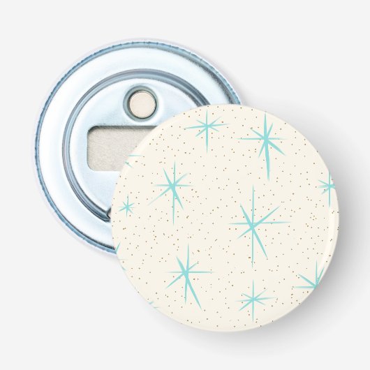 Ruimtevaarttijdperk Turquoise Starburst Button Bot Flesopener (Voorkant)