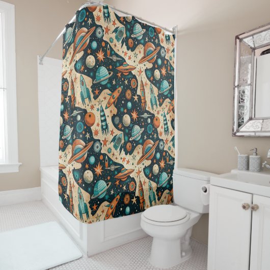  ruimtevaartuig Rocket Ships Pattern -Cosmos(4) Douchegordijn (In situ)