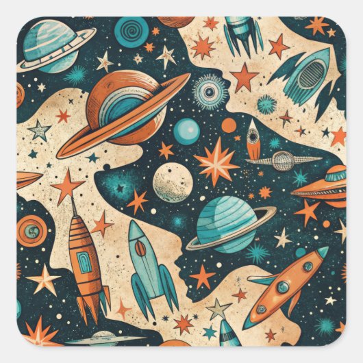ruimtevaartuig Rocket Ships Pattern -Cosmos(4) Vierkante Sticker (Voorkant)